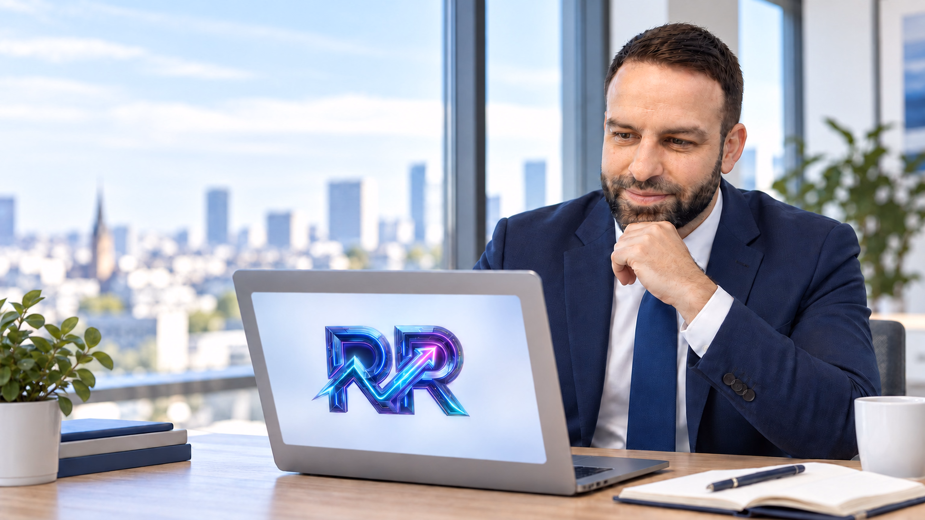 Radoslav Rusev am Laptop mit RR-Logo