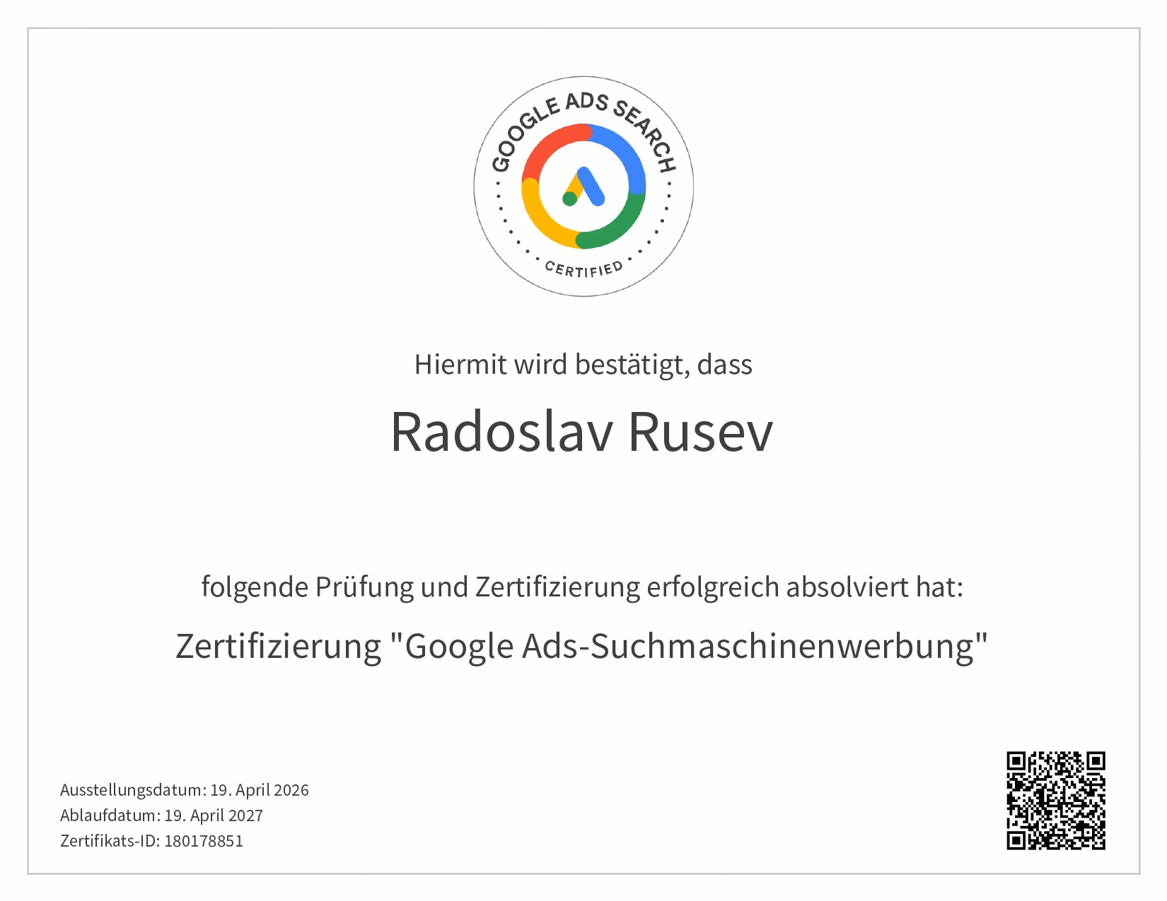 Google Ads Suchmaschinenwerbung Zertifikat
